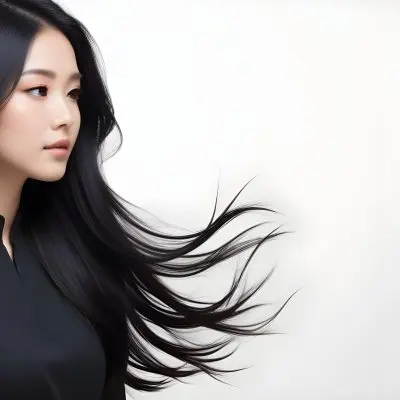 A Young Woman Of Asian With Long Flowing Black Hair Wearing A Black Outfit She Has A Smooth Complexion And Is Facing Slightly To The Side With Her Hair Gently Blowing The Background Is A Soft Gradient Of Light Color 34 Ac58