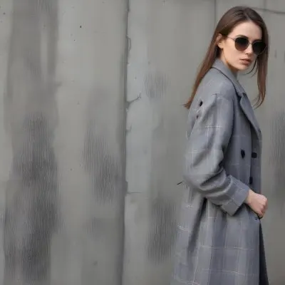 A Young Woman Of Caucasian Descent Approximately 25 Years Old With Long Brown Hair Wearing A Stylish Gray Plaid Coat And Oversized Sunglasses The Background Features A Textured Concrete Wall 28 1802
