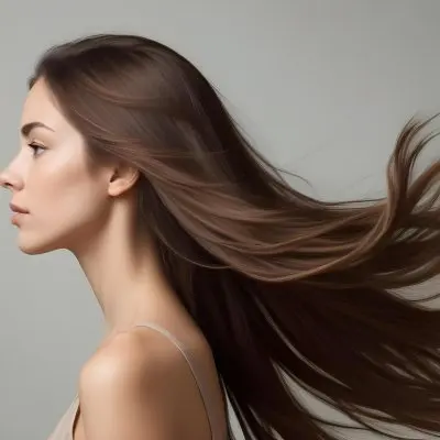 A Young Woman Of Caucasian Descent With Long Flowing Brown Hair Captured In Profile She Has A Smooth Complexion And Is Not Wearing Any Visible Makeup The Background Is A Soft Muted Color That Complements Her Features 16 505a