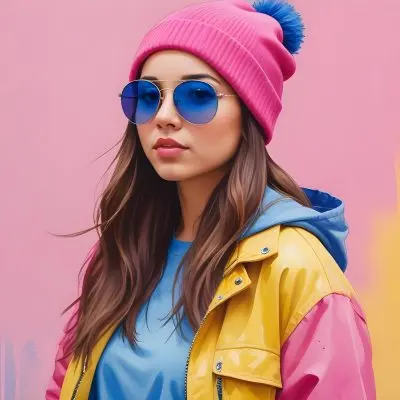 A Young Woman Of Hispanic Descent Approximately 25 Years Old With Long Straight Brown Hair She Is Wearing A Bright Pink Beanie And Blue Sunglasses Her Outfit Includes A Blue Top And A Yellow Oversized Jacket The Ba 11 900b