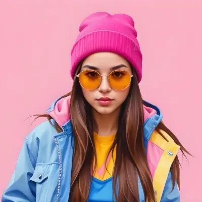 A Young Woman Of Hispanic Descent Approximately 25 Years Old With Long Straight Brown Hair She Is Wearing A Bright Pink Beanie And Blue Sunglasses Her Outfit Includes A Blue Top And A Yellow Oversized Jacket The Ba 12 Ce68