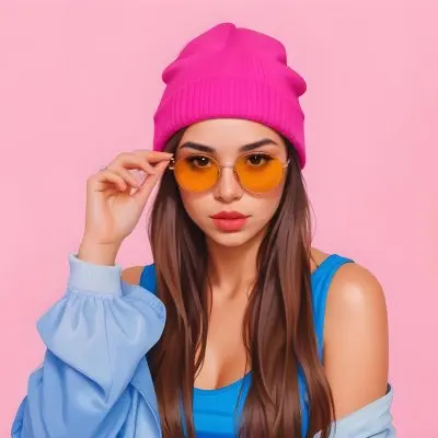 A Young Woman Of Hispanic Descent Approximately 25 Years Old With Long Straight Brown Hair She Is Wearing A Bright Pink Beanie And Blue Sunglasses Her Outfit Includes A Blue Top And A Yellow Oversized Jacket The Ba 17 E3f0
