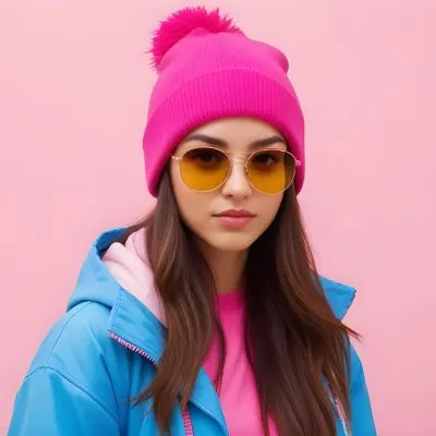 A Young Woman Of Hispanic Descent Approximately 25 Years Old With Long Straight Brown Hair She Is Wearing A Bright Pink Beanie And Blue Sunglasses Her Outfit Includes A Blue Top And A Yellow Oversized Jacket The Ba 24 Eda8