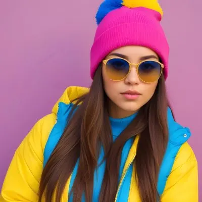 A Young Woman Of Hispanic Descent Approximately 25 Years Old With Long Straight Brown Hair She Is Wearing A Bright Pink Beanie And Blue Sunglasses Her Outfit Includes A Blue Top And A Yellow Oversized Jacket The Ba 27 67a6