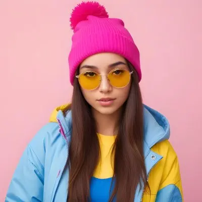 A Young Woman Of Hispanic Descent Approximately 25 Years Old With Long Straight Brown Hair She Is Wearing A Bright Pink Beanie And Blue Sunglasses Her Outfit Includes A Blue Top And A Yellow Oversized Jacket The Ba 29 F05a