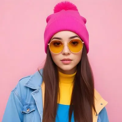 A Young Woman Of Hispanic Descent Approximately 25 Years Old With Long Straight Brown Hair She Is Wearing A Bright Pink Beanie And Blue Sunglasses Her Outfit Includes A Blue Top And A Yellow Oversized Jacket The Ba 30 Bb4a