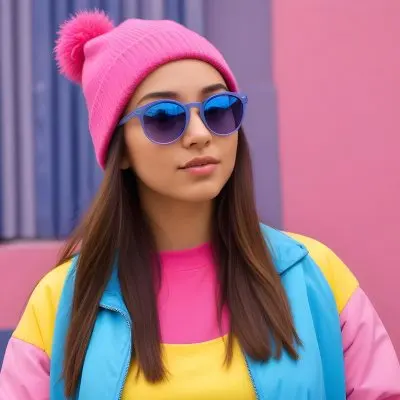 A Young Woman Of Hispanic Descent Approximately 25 Years Old With Long Straight Brown Hair She Is Wearing A Bright Pink Beanie And Blue Sunglasses Her Outfit Includes A Blue Top And A Yellow Oversized Jacket The Ba 37 32d8