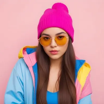 A Young Woman Of Hispanic Descent Approximately 25 Years Old With Long Straight Brown Hair She Is Wearing A Bright Pink Beanie And Blue Sunglasses Her Outfit Includes A Blue Top And A Yellow Oversized Jacket The Ba 4 6744