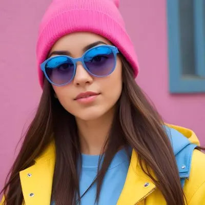A Young Woman Of Hispanic Descent Approximately 25 Years Old With Long Straight Brown Hair She Is Wearing A Bright Pink Beanie And Blue Sunglasses Her Outfit Includes A Blue Top And A Yellow Oversized Jacket The Ba 40 5f4d