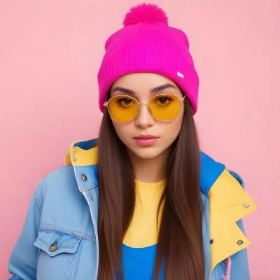 A Young Woman Of Hispanic Descent Approximately 25 Years Old With Long Straight Brown Hair She Is Wearing A Bright Pink Beanie And Blue Sunglasses Her Outfit Includes A Blue Top And A Yellow Oversized Jacket The Ba 47 70dc