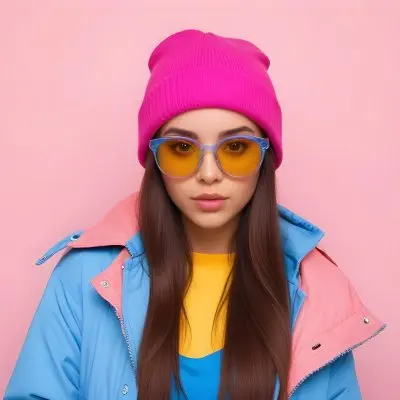 A Young Woman Of Hispanic Descent Approximately 25 Years Old With Long Straight Brown Hair She Is Wearing A Bright Pink Beanie And Blue Sunglasses Her Outfit Includes A Blue Top And A Yellow Oversized Jacket The Ba 48 9414
