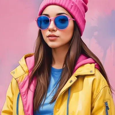 A Young Woman Of Hispanic Descent Approximately 25 Years Old With Long Straight Brown Hair She Is Wearing A Bright Pink Beanie And Blue Sunglasses Her Outfit Includes A Blue Top And A Yellow Oversized Jacket The Ba 9 Ec03