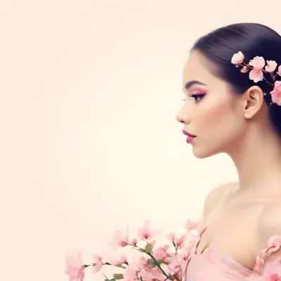 A Young Woman Of Medium Skin Tone With Long Light Hair Styled Back Adorned With Pink Flowers She Has Bright Pink Lipstick And Subtle Eye Makeup Gazing To The Side In The Foreground There Are Pink Blossoms Creatin 12 5914
