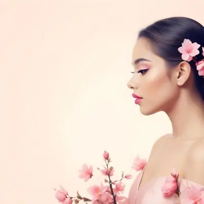 A Young Woman Of Medium Skin Tone With Long Light Hair Styled Back Adorned With Pink Flowers She Has Bright Pink Lipstick And Subtle Eye Makeup Gazing To The Side In The Foreground There Are Pink Blossoms Creatin 30 126f