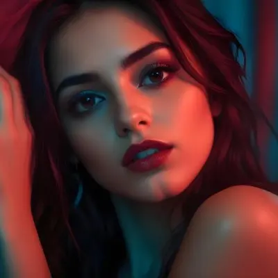 A Young Woman Of Middle Eastern Descent Approximately 20 Years Old With Long Dark Hair And Striking Features She Has Dramatic Makeup Including Dark Eyeshadow And Glossy Lips The Lighting Is Dramatic With Red And Blue 11 2d02