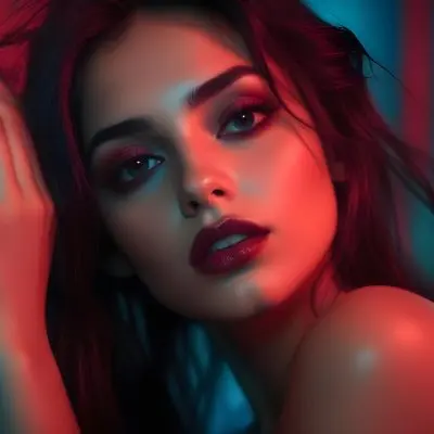 A Young Woman Of Middle Eastern Descent Approximately 20 Years Old With Long Dark Hair And Striking Features She Has Dramatic Makeup Including Dark Eyeshadow And Glossy Lips The Lighting Is Dramatic With Red And Blue 17 22fe