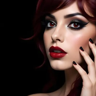A Young Woman Of Middle Eastern Descent With Long Red Hair And Striking Makeup She Has Dark Lips Dramatic Eye Makeup With Dark Eyeliner And Long Eyelashes Her Nails Are Painted Red The Background Is Solid Black Em 14 8632
