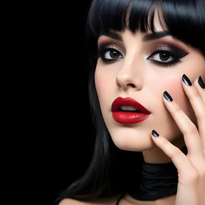 A Young Woman Of Middle Eastern Descent With Long Red Hair And Striking Makeup She Has Dark Lips Dramatic Eye Makeup With Dark Eyeliner And Long Eyelashes Her Nails Are Painted Red The Background Is Solid Black Em 5 D0cb