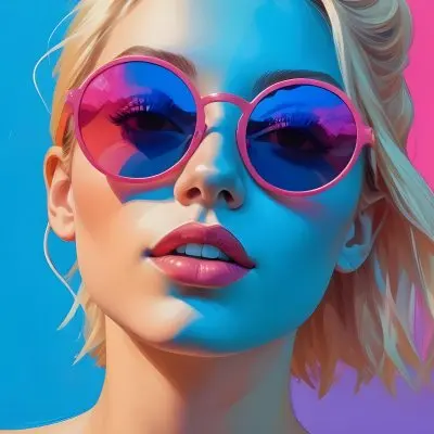A Young Woman With Blonde Hair Wearing Colorful Round Sunglasses Against A Vibrant Blue And Pink Background 11 B17f