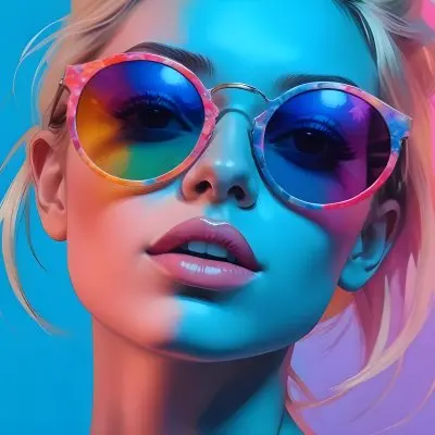 A Young Woman With Blonde Hair Wearing Colorful Round Sunglasses Against A Vibrant Blue And Pink Background 13 C86c