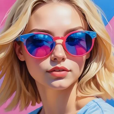 A Young Woman With Blonde Hair Wearing Colorful Round Sunglasses Against A Vibrant Blue And Pink Background 15 958c