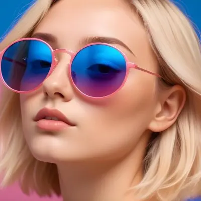 A Young Woman With Blonde Hair Wearing Colorful Round Sunglasses Against A Vibrant Blue And Pink Background 19 7136