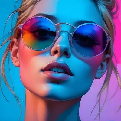 A Young Woman With Blonde Hair Wearing Colorful Round Sunglasses Against A Vibrant Blue And Pink Background 2 F312