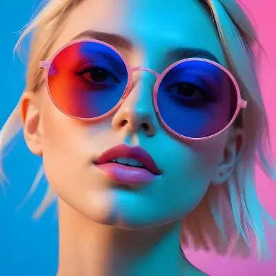 A Young Woman With Blonde Hair Wearing Colorful Round Sunglasses Against A Vibrant Blue And Pink Background 22 Bead
