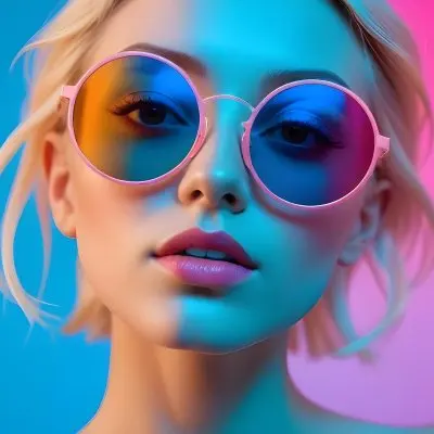 A Young Woman With Blonde Hair Wearing Colorful Round Sunglasses Against A Vibrant Blue And Pink Background 26 F9fc