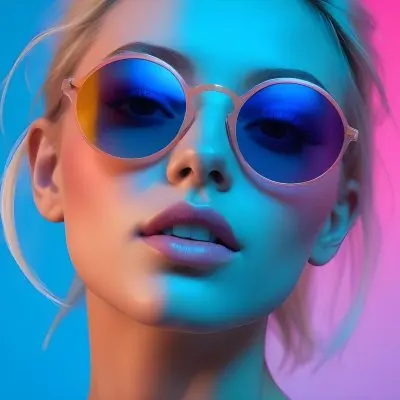 A Young Woman With Blonde Hair Wearing Colorful Round Sunglasses Against A Vibrant Blue And Pink Background 28 2c9a
