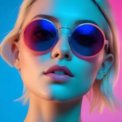A Young Woman With Blonde Hair Wearing Colorful Round Sunglasses Against A Vibrant Blue And Pink Background 31 F517