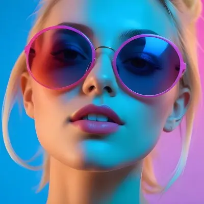 A Young Woman With Blonde Hair Wearing Colorful Round Sunglasses Against A Vibrant Blue And Pink Background 35 8bf5