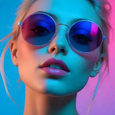 A Young Woman With Blonde Hair Wearing Colorful Round Sunglasses Against A Vibrant Blue And Pink Background 37 61b7