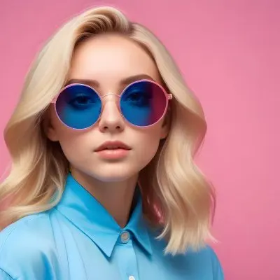 A Young Woman With Blonde Hair Wearing Colorful Round Sunglasses Against A Vibrant Blue And Pink Background 39 0843