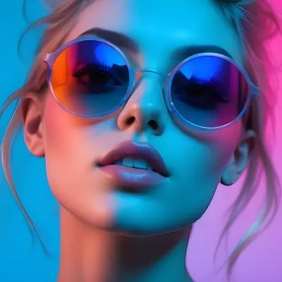 A Young Woman With Blonde Hair Wearing Colorful Round Sunglasses Against A Vibrant Blue And Pink Background 40 369f
