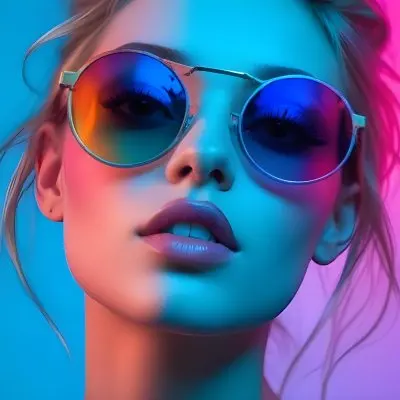 A Young Woman With Blonde Hair Wearing Colorful Round Sunglasses Against A Vibrant Blue And Pink Background 43 F7ea