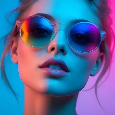 A Young Woman With Blonde Hair Wearing Colorful Round Sunglasses Against A Vibrant Blue And Pink Background 44 37d1