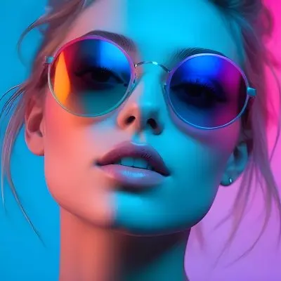 A Young Woman With Blonde Hair Wearing Colorful Round Sunglasses Against A Vibrant Blue And Pink Background 46 517c