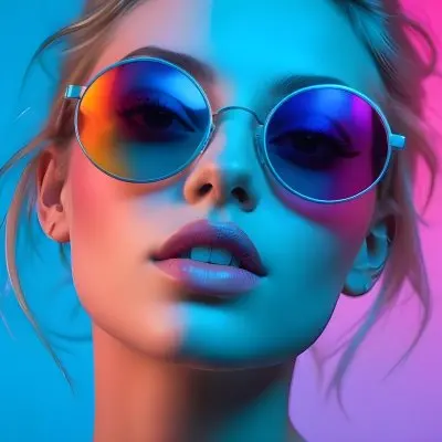 A Young Woman With Blonde Hair Wearing Colorful Round Sunglasses Against A Vibrant Blue And Pink Background 47 1caa