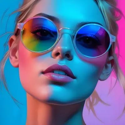 A Young Woman With Blonde Hair Wearing Colorful Round Sunglasses Against A Vibrant Blue And Pink Background 5 1ce5