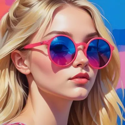 A Young Woman With Blonde Hair Wearing Colorful Round Sunglasses Against A Vibrant Blue And Pink Background 9 1c0e