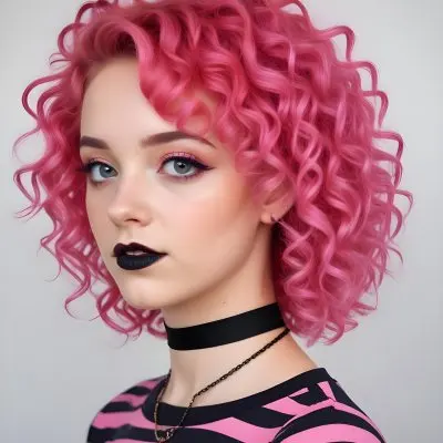 A Young Woman With Curly Vibrant Pink Hair Wearing A Striped Shirt And A Black Choker Necklace 10 1792