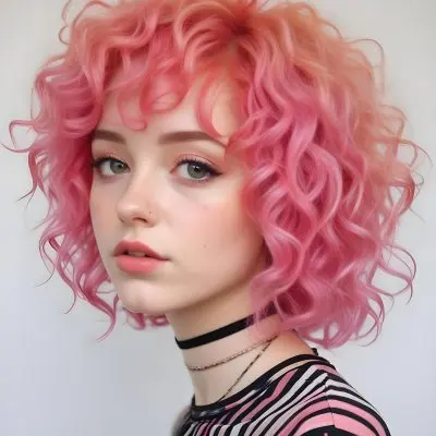 A Young Woman With Curly Vibrant Pink Hair Wearing A Striped Shirt And A Black Choker Necklace 24 Fb07