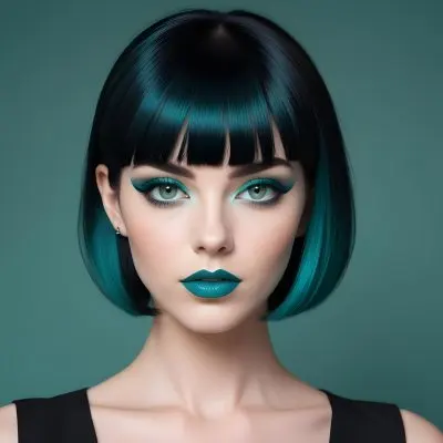 A Young Woman With Fair Skin And A Sleek Straight Black Bob Hairstyle She Has Striking Green Eyes And Bold Makeup Featuring Dark Eyeliner And Full Lips The Background Is A Vibrant Turquoise Color Creating A High Cont 36 9101
