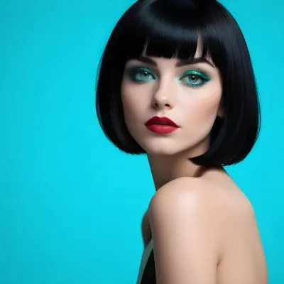 A Young Woman With Fair Skin And A Sleek Straight Black Bob Hairstyle She Has Striking Green Eyes And Bold Makeup Featuring Dark Eyeliner And Full Lips The Background Is A Vibrant Turquoise Color Creating A High Cont 5 59b3