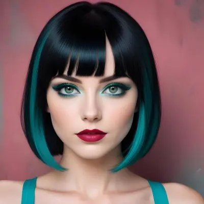 A Young Woman With Fair Skin And A Sleek Straight Black Bob Hairstyle She Has Striking Green Eyes And Bold Makeup Featuring Dark Eyeliner And Full Lips The Background Is A Vibrant Turquoise Color Creating A High Cont 51 E2a9