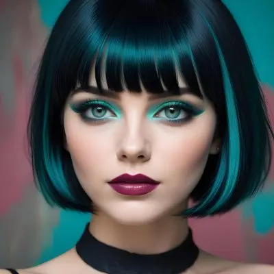 A Young Woman With Fair Skin And A Sleek Straight Black Bob Hairstyle She Has Striking Green Eyes And Bold Makeup Featuring Dark Eyeliner And Full Lips The Background Is A Vibrant Turquoise Color Creating A High Cont 55 F8cf