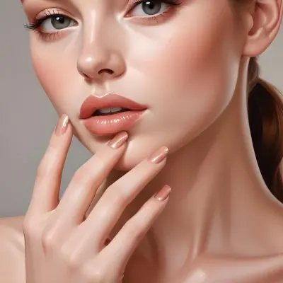 A Young Woman With Fair Skin And A Smooth Complexion Showcasing Her Hand With Manicured Nails Her Nails Are Painted In A Glossy Rose Gold Color With A Sharp Elegant Shape She Has Full Lips Coated In A Shiny Nude Lip G 11 63e8