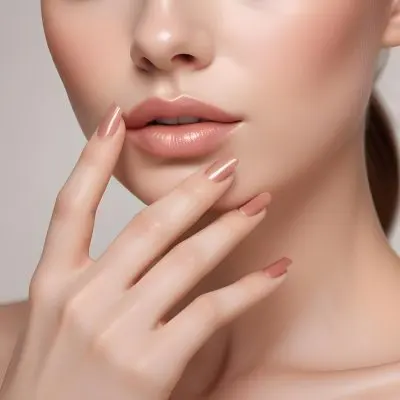 A Young Woman With Fair Skin And A Smooth Complexion Showcasing Her Hand With Manicured Nails Her Nails Are Painted In A Glossy Rose Gold Color With A Sharp Elegant Shape She Has Full Lips Coated In A Shiny Nude Lip G 18 3b57