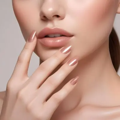 A Young Woman With Fair Skin And A Smooth Complexion Showcasing Her Hand With Manicured Nails Her Nails Are Painted In A Glossy Rose Gold Color With A Sharp Elegant Shape She Has Full Lips Coated In A Shiny Nude Lip G 23 4072
